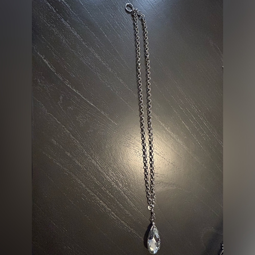 Chico’s long silver link necklace with teardrop crystal hanging stone